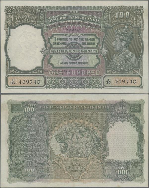 India: 100 Rupees ND(1937) portrait KGIV P. 20a, BOMBAY issue, only lightly used...