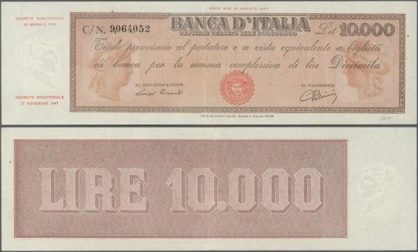 Italy: 10.000 Lire 1948 P. 87a, Bi821, probably pressed, but still strong paper ...