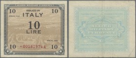Italy: 10 Lire Allied Military Currency series 1943 with letter ”F”, P.M13ar REPLACEMENT note with ”*”, lightly stained with a few folds and creases i...