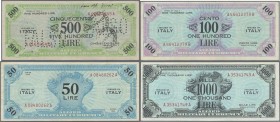 Italy: Allied Military Currency set with 4 banknotes with 50 Lire series 1943 without letter ”F” P.M14b (VF), 100 Lire series 1943A P.M21b (VF+/XF), 5...