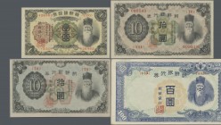 Korea: Very nice group with 5 banknotes comprising 1 Yen ND(1932-38) P.29a (XF), 10 Yen ND(1932-38) P.31a (XF+/aUNC), 10 Yen ND(1944-45) P.36a (UNC), ...