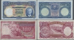 Latvia: Latvijas Banka pair with 50 Latu 1934 P.20 in perfect UNC and 100 Latu 1939 P.22 in VF+ with vertical fold and some minor creases in the paper...