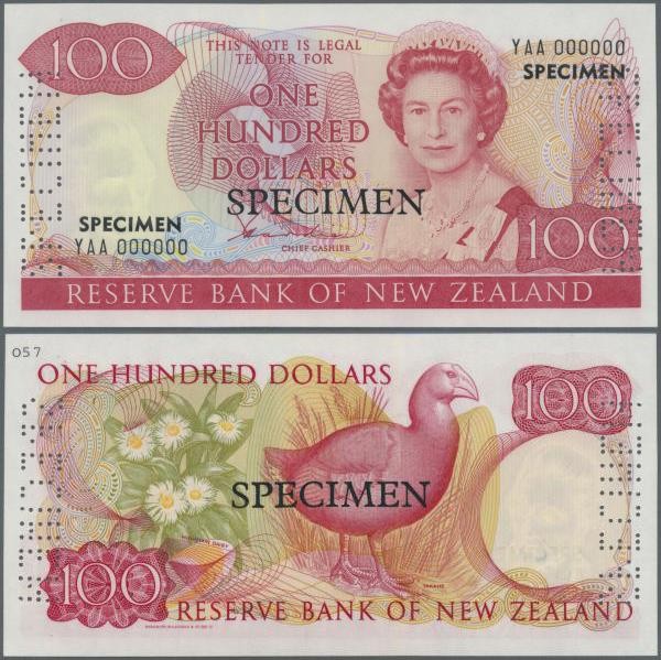 New Zealand: 100 Dollars ND(1981-89) SPECIMEN with signature: Hardie, P.175s, la...