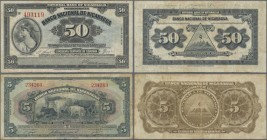 Nicaragua: Banco Nacional de Nicaragua pair with 50 Centavos 1938 P.89 (F+) and 5 Cordobas 1942 P.93a (F/F-). (2 pcs.)
 [differenzbesteuert]