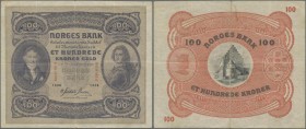 Norway: 100 Kroner 1938, P.10c, still nice with a few stronger folds and tiny tears at upper and lower margin. Condition: F/F+
 [differenzbesteuert]