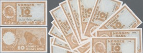 Norway: Lot with 13 banknotes 10 Kroner P.31d,e,f, comprising 3x 10 Kroner 1968 (VF+ to UNC), 2x 10 Kroner 1969 (UNC), 10 Kroner 1970 (VF), 10 Kroner ...