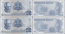 Norway: Consecutive numbered pair of the 10 Kroner 1978, signatures: Wold & Sagård, P.36c with serial number BB0766902 and BB0766903, both in UNC cond...