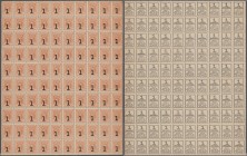 Russia: Uncut sheet with 100 pcs. 1 Kopek ND(1917) of the postage stamp money issue with overprint ”1”, P.32bin perfect UNC condition. (100 pcs. in pa...
