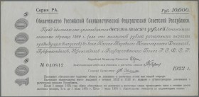 Russia: 10.000 Rubles 1921 RSFSR Treasury Short Term Certificate, P.124, still nice with stains at upper margin and right border, otherwise no larger ...