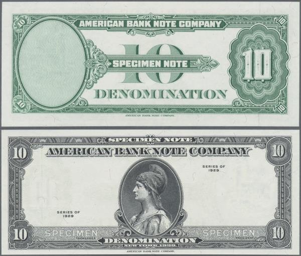 Testbanknoten: American Banknote Company 10 Dollars 1929 SPECIMEN intaglio print...