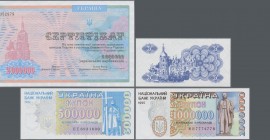 Ukraina: Album with 78 banknotes starting with the Compensation Certificates 1992 of 1 and 2 Million Karbovantsiv P.91A,B (UNC), the Privatization Cer...