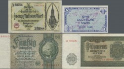 Deutschland - Sonstige: Sammelalbum mit 53 Banknoten, dabei Notgeld Ulm mit 500.000, 1, 2, 5, 10 und 20 Millionen Mark 1923 (F/F+), 18x 10 Reichsmark ...