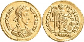 Honorius (395 - 423): Solidus, Ravenna. Büste mit Diadem, Umschrift D N HONORI VS P F AVG // stehender Kaiser hält Standarte und Victoria auf Globus, ...