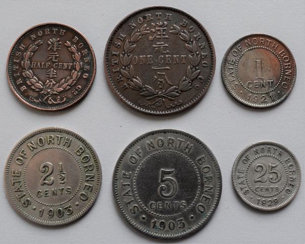 Borneo: British North Borneo: Set von 6 Münzen: ½ Cent 1885, 1 Cent 1882, 1 Cent...