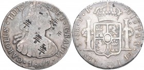 China: 8 Reales 1807 P I (Potosi, Bolivien) unter König Carlos IV. mit zahlreichen chinesischen Gegenstempeln (Chopmarks). KM# zu 84. Gewicht 26,68g, ...