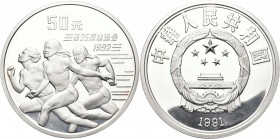 China - Volksrepublik: 50 Yuan 1991, Olympische Spiele 1992 Barcelona, drei Sprinterinnen. KM# 303. 155,5g (5 OZ Feinsilber), in Kapsel und Holzeui, n...