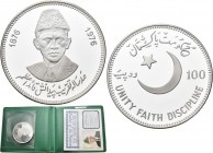 Pakistan: 100 Rupees 1976, 100. Geburtstag Quaid-e-Azam Mohammad Ali Jinnah, Father of the Nation. KM# 41, in Original Etui mit Zertifikat (COA), poli...