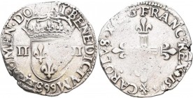 Frankreich: Charles X. 1589-1596: 1/4 ECU 1596 99 = Dinan (Quart D'Ecu). Duplessy 1177. 9,43 g. Legende: CAROLVS X D G FRANC REX / SIT NUMEN DOMINI BE...