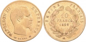 Frankreich: Napoleon III. 1852-1870: 10 Francs 1858 A. Friedberg 576 a, Gadoury 1014. 3,19 g, 900/1000 Gold. Kratzer, sehr schön.
 [zzgl. 0 % MwSt.]