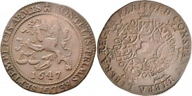 Niederlande: Cu-Rechenpfennig 1647. Auf die Unterhandlungen für den Frieden von Münster zwischen Spanien und den Vereinigten Provinzen. Belgischer Löw...