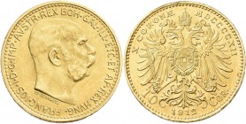 Österreich: Franz Joseph I. 1848-1916: 10 Kronen 1912 (NP), KM# 2816, Friedberg 513R. 3,39 g, 900/1000 Gold. Vorzüglich
 [zzgl. 0 % MwSt.]
