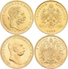 Österreich: Franz Joseph I. 1848-1916: Lot 2 Goldmünzen, 10 Kronen 1909, 4 Florin 1892. KM# 2815/2260, Friedberg 513/502R. 3,39/3,23 g, 900/1000 Gold....