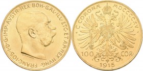 Österreich: Franz Joseph I. 1848-1916: 100 Kronen 1915 (NP), KM# 2819, Friedberg 507R, Frühwald 1923. 33,81 g, 900/1000 Gold. Kleine Kratzer, sehr sch...