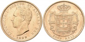 Portugal: Ludwig I. 1861-1889: 5000 Reis 1889 (Luis/Louis I., ½ Coroa). Friedberg 153, KM# 516. 8,88 g, 917/1000 Gold. Letzter Jahrgang. Winzige Kratz...