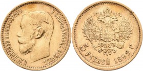 Russland: Nikolaus II. 1894-1917: 5 Rubel 1898 (АГ, AG - Appolon Grasgov). KM Y# 62, Friedberg 180. 4,27 g 900/1000 Gold. Kleiner Randschlag, Kratzer,...