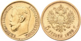 Russland: Nikolaus II. 1894-1917: 5 Rubel 1899 (ФЗ, FZ - Felix Zaleman). KM Y# 62, Friedberg 180. 4,27 g 900/1000 Gold. Kleiner Randschlag, Kratzer, s...