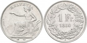 Schweiz: Eidgenossenschaft: 1 Franken 1850 A, Sitzende Helvetia, HMZ 2-1203a, kleine Kratzer, sehr schön.
 [differenzbesteuert]