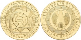 Deutschland: 100 Euro 2002 Währungsunion (D), in Originalkapsel und Etui, mit Zertifikat, Jaeger 493. 15,55 g, (½ OZ) 999/1000 Gold. Rotfleck, stempel...
