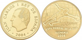Spanien: Juan Carlos I. 1975-2014: 100 Euro 2004 Fußball WM 2006 in Deutschland. KM# 1103, Friedberg 408. 6,75 g, 999/1000 Gold. In Kapsel und Etui, p...