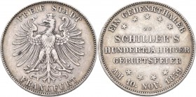 Frankfurt am Main: Freie Stadt: Taler 1859, 100. Geburtstag von Schiller, AKS 43, Jaeger 50, Davenport 650. Kratzer, sehr schön.
 [differenzbesteuert...
