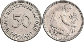 Bundesrepublik Deutschland 1948-2001: 50 Pfennig 1950 G, Bank Deutscher Länder, Jaeger 379, in dieser Erhaltung selten angeboten, fast stempelglanz.
...