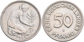 Bundesrepublik Deutschland 1948-2001: 50 Pfennig 1950 G, Bank Deutscher Länder, Jaeger 379, Randschaden, sehr schön.
 [differenzbesteuert]