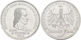 Bundesrepublik Deutschland 1948-2001: 5 DM 1955 F, Friedrich Schiller, Jaeger 389. Feine Kratzer, fast vorzüglich.
 [differenzbesteuert]