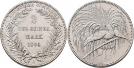 Deutsch-Neuguinea: 2 Neu-Guinea Mark 1894 A, Paradiesvogel, Jaeger 706, feine Kratzer, Randfehler bei 12 Uhr, entfernte Henkelspur? Sehr schön.
 [dif...