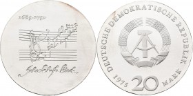 Proben & Verprägungen: DDR: 20 Mark 1975, Johann Sebastian Bach, PROBE/Variante mit vertieften Noten und Schrift, Jaeger 1555P. Patinaansatz, vorzügli...