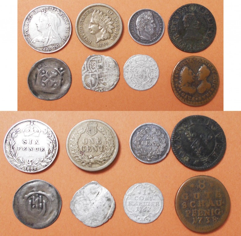 Alle Welt: Lot 8 Kleinmünzen aus aller Welt, dabei: GB Victoria Six Pence 1897, ...