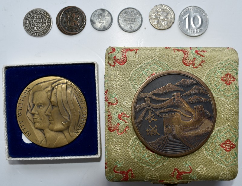 Alle Welt: Kleines Lot 9 Münzen und Jetons, dabei: Brasilien 200 Reis 1868, Glüc...