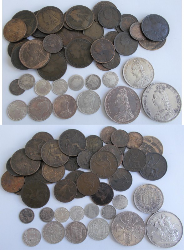 Großbritannien: Victoria 1837-1901: Lot 14 Silbermünzen und 33 Kupfermünzen von ...