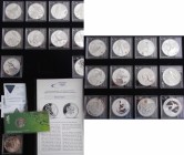 Russland: Olympische Spiele Russland in Sotchi / Sochi 2014. Eine Gesamtkassette mit 16 x 3 Rubel Gedenkmünzen (Silber, teilkoloriert) und 7 weitere a...