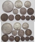 Spanien: Lot 12 Silbermünzen, dabei 5 Pesetas 1892, 2 Pesetas 1869 und weiteren Kleinmünzen, auch auf Reales lautend.
 [differenzbesteuert]