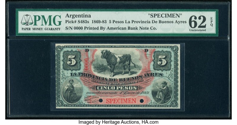 Argentina Provincia de Buenos Ayres 5 Pesos 1.1.1869 Pick S483s Specimen PMG Unc...