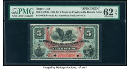 Argentina Provincia de Buenos Ayres 5 Pesos 1.1.1869 Pick S483s Specimen PMG Uncirculated 62 EPQ. Cancelled with 2 punch holes. 

HID09801242017

© 20...