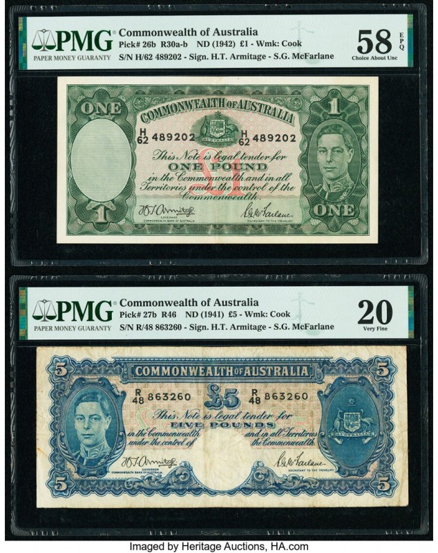 Australia Commonwealth Bank of Australia 1; 5 Pounds ND (1942); ND (1941) Pick 2...