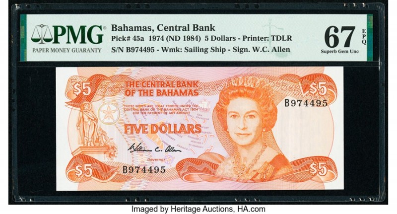 Bahamas Central Bank 5 Dollars 1974 (ND 1984) Pick 45a PMG Superb Gem Unc 67 EPQ...
