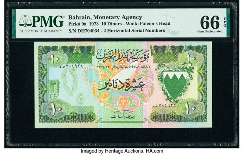 Bahrain Monetary Agency 10 Dinars 1973 Pick 9a PMG Gem Uncirculated 66 EPQ. 

HI...
