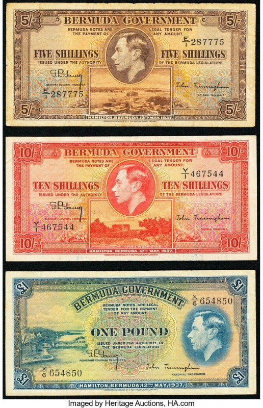 Bermuda Bermuda Government 5; 10 Shillings; 1 Pound 12.5.1937 Pick 14; 15; 16 Th...